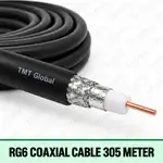 TMT Global RG6 Coaxial Cable 305 Meter, single black 75-ohm RG6 coaxial cable, one centered copper conductor, white foam dielectric, foil and braided shield layers, no auxiliary cores.