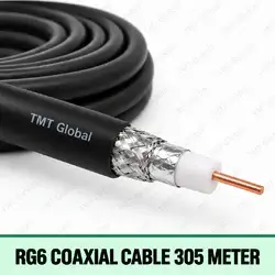 TMT Global RG6 Coaxial Cable 305 Meter, single black 75-ohm RG6 coaxial cable, one centered copper conductor, white foam dielectric, foil and braided shield layers, no auxiliary cores.