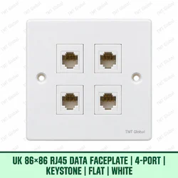 UK 86 by 86 millimetre four-port flat RJ45 keystone faceplate in white, TMT Global