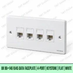 UK 86 by 146 millimetre four-port flat RJ45 keystone faceplate in white, TMT Global