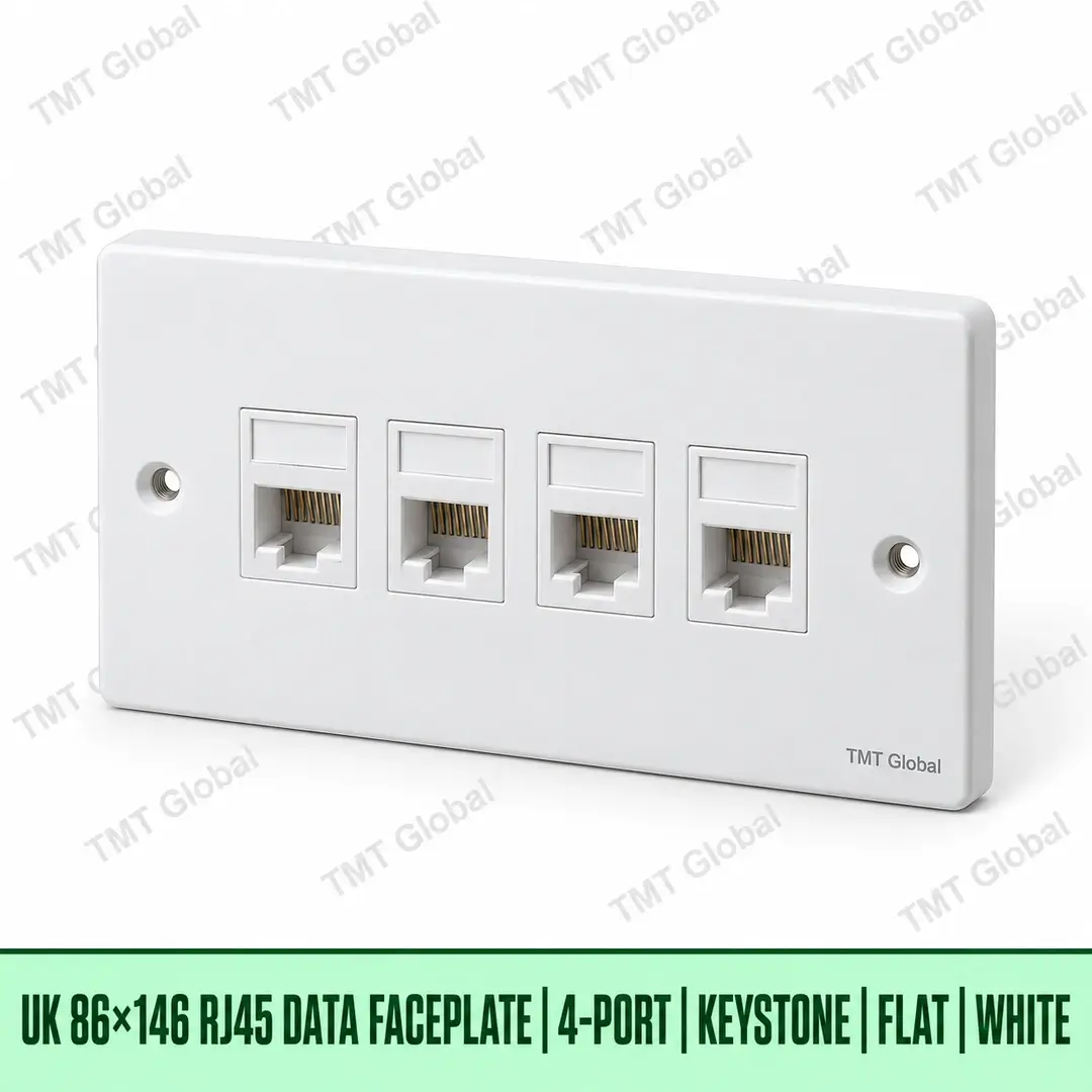 UK 86 by 146 millimetre four-port flat RJ45 keystone faceplate in white, TMT Global UK 86 by 146 millimetre four-port flat RJ45 keystone faceplate in white, TMT Global