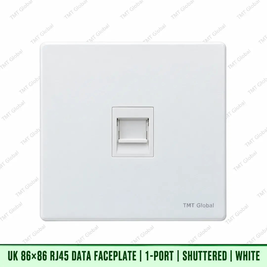 UK 86 by 86 millimetre one-port shuttered RJ45 data faceplate in white, TMT Global UK 86 by 86 millimetre one-port shuttered RJ45 data faceplate in white, TMT Global