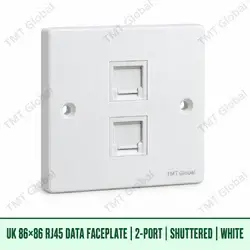 UK 86 by 86 millimetre two-port shuttered RJ45 data faceplate in white, TMT Global