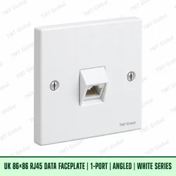UK 86 by 86 millimetre one-port angled RJ45 data faceplate in white, TMT Global