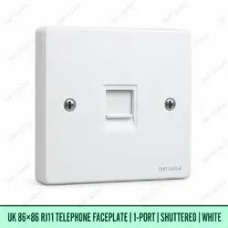 UK 86 by 86 millimetre one-port shuttered RJ11 telephone faceplate in white, TMT Global