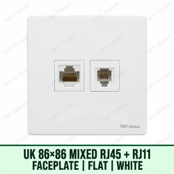 UK 86 by 86 millimetre flat dual RJ45 and RJ11 faceplate in white, TMT Global