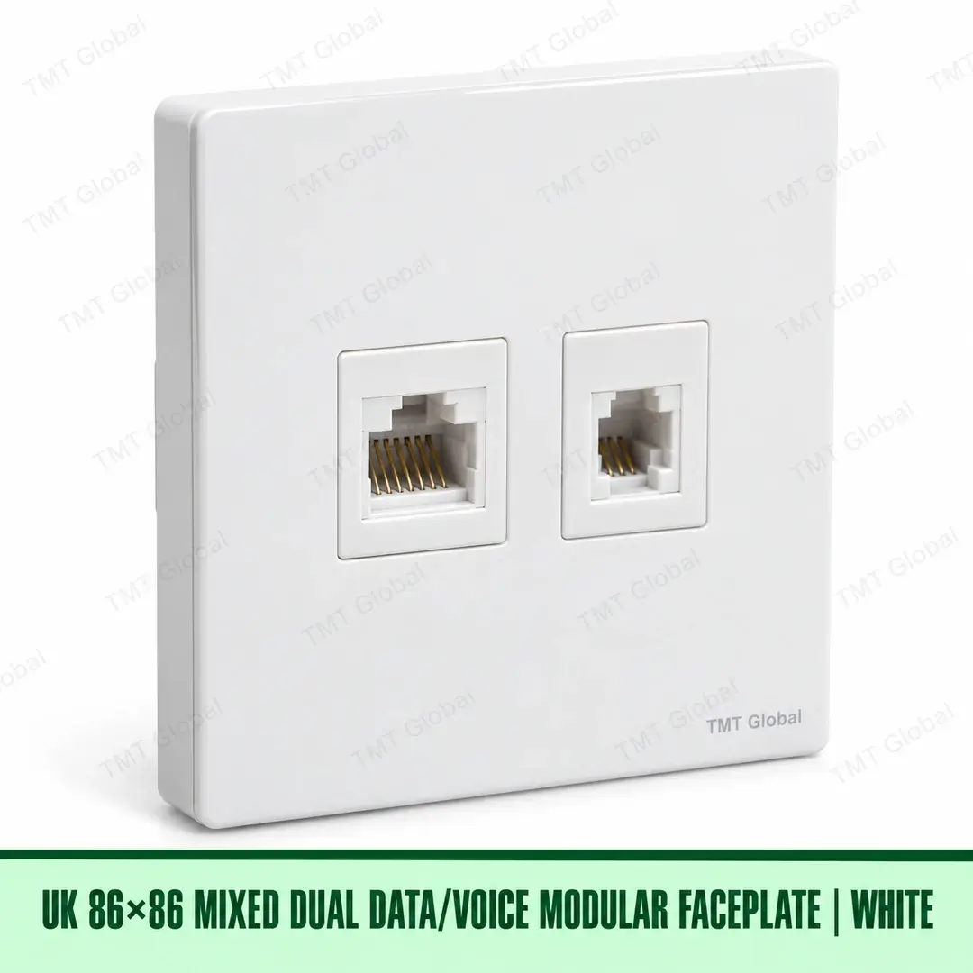 UK 86 by 86 millimetre dual data and voice modular faceplate in white, TMT Global UK 86 by 86 millimetre dual data and voice modular faceplate in white, TMT Global