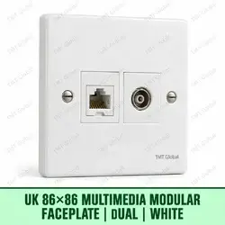 UK 86 by 86 millimetre dual RJ45 and TV-RF multimedia faceplate in white, TMT Global