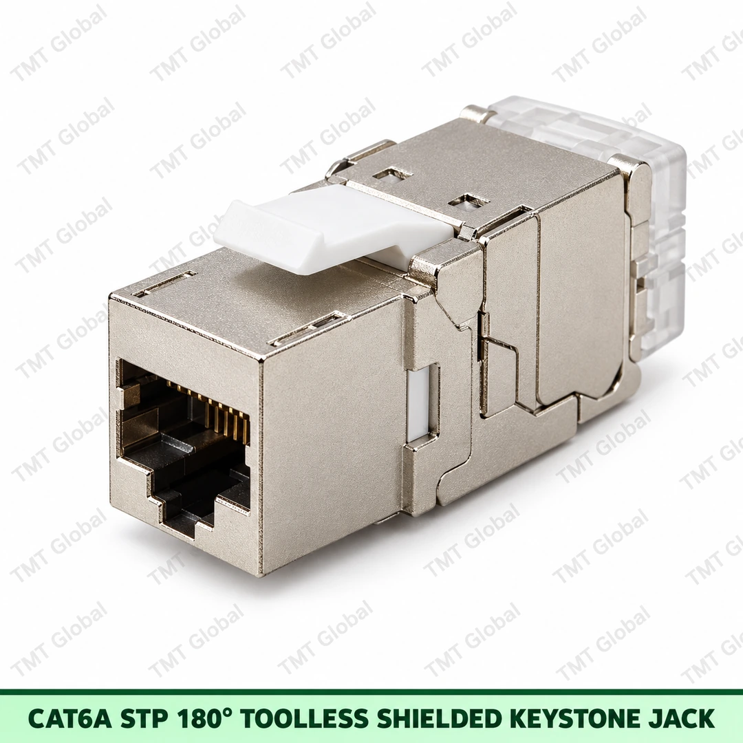 Cat6A STP 180 degree toolless shielded keystone jack by TMT Global Cat6A STP 180 degree toolless shielded keystone jack by TMT Global