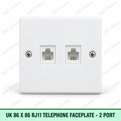 UK 86×86 RJ11 Telephone Faceplate | 2-Port | Flat | White by TMT Global