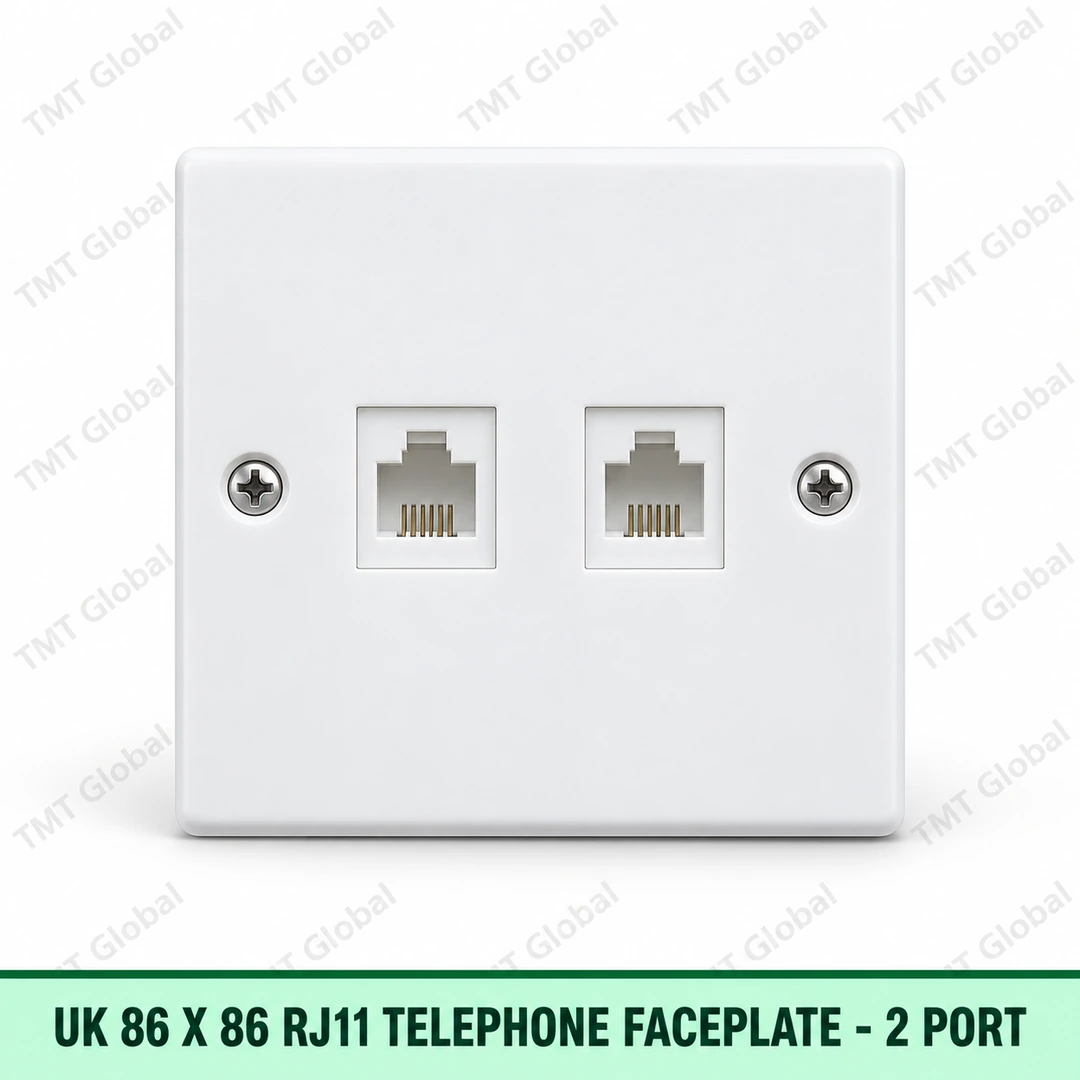 UK 86×86 RJ11 Telephone Faceplate | 2-Port | Flat | White by TMT Global UK 86×86 RJ11 Telephone Faceplate | 2-Port | Flat | White by TMT Global