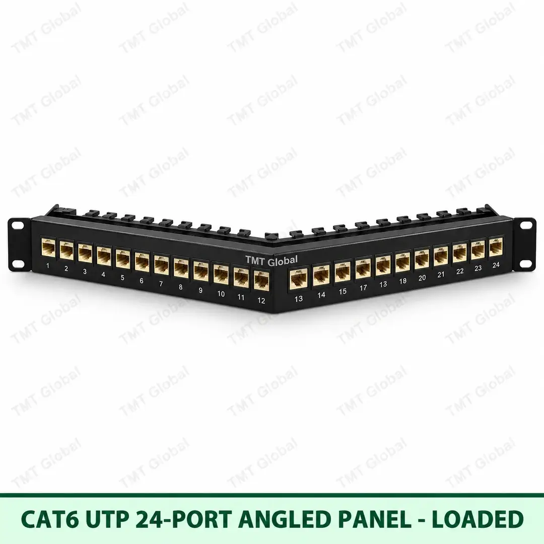 Cat6 UTP 24-Port Angled Patch Panel – Loaded Cat6 UTP 24-Port Angled Patch Panel – Loaded