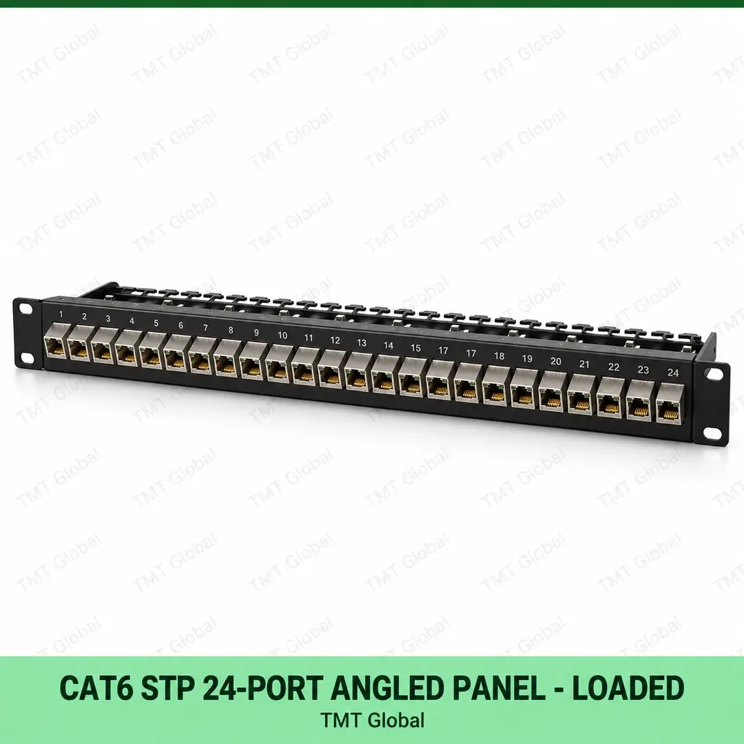 Cat6 STP 24-Port Angled Patch Panel – Loaded Cat6 STP 24-Port Angled Patch Panel – Loaded