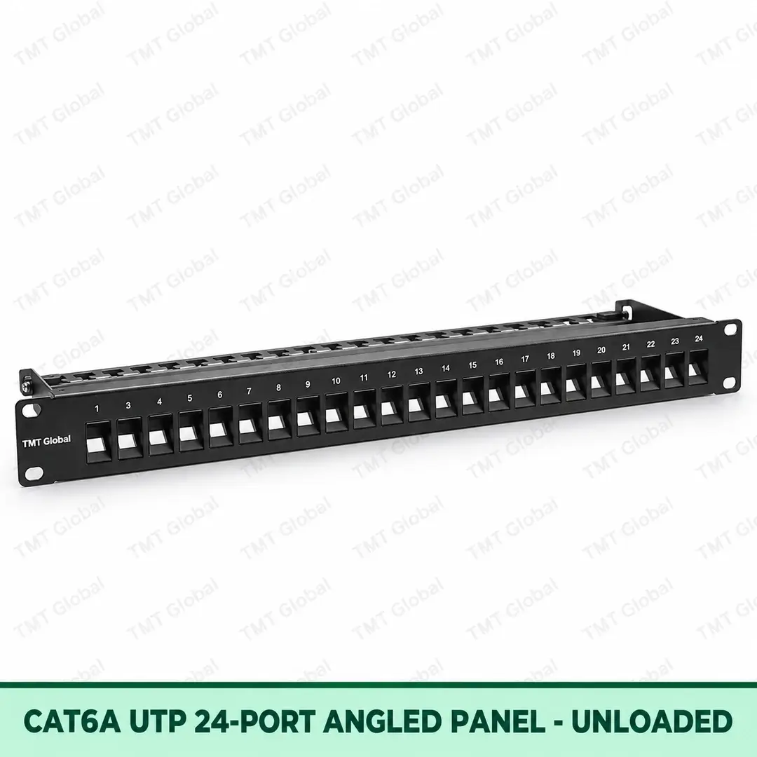 Cat6A UTP 24-Port Angled Patch Panel – Unloaded Cat6A UTP 24-Port Angled Patch Panel – Unloaded