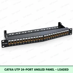 Cat6A UTP 24-Port Angled Patch Panel – Loaded