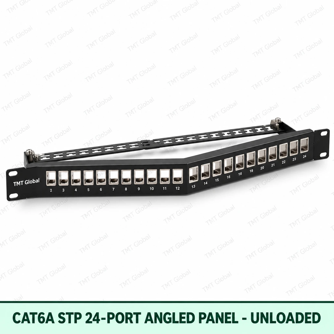 Cat6A STP 24-Port Angled Patch Panel – Unloaded Cat6A STP 24-Port Angled Patch Panel – Unloaded
