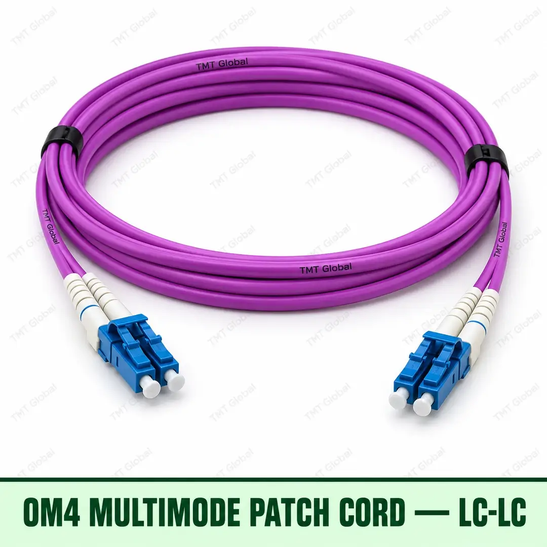 OM4 multimode LC-LC fibre patch cord with violet duplex jacket, TMT Global OM4 multimode LC-LC fibre patch cord with violet duplex jacket, TMT Global