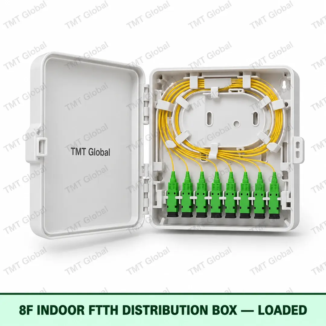 8F indoor FTTH fibre distribution box, loaded, TMT Global 8F indoor FTTH fibre distribution box, loaded, TMT Global