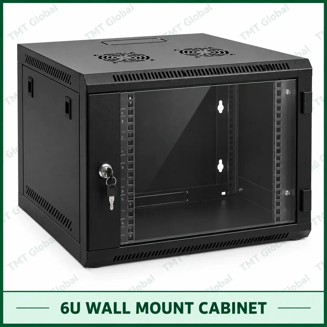 TMT Global 6U wall-mount cabinet with lockable glass front, vented panels and 19-inch rack enclosure. TMT Global 6U wall-mount cabinet with lockable glass front, vented panels and 19-inch rack enclosure.