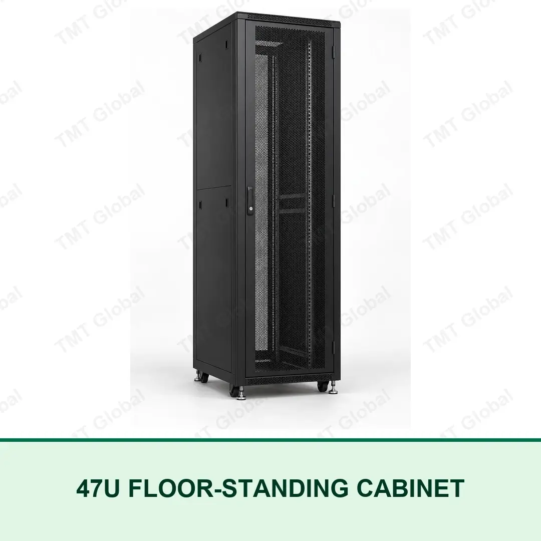 TMT Global 47U black floor-standing server cabinet with perforated lockable front door TMT Global 47U black floor-standing server cabinet with perforated lockable front door