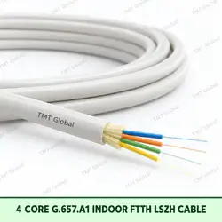 4-core G.657.A1 indoor FTTH LSZH fibre optic cable with white jacket, TMT Global branding, and four colour-coded fibres.