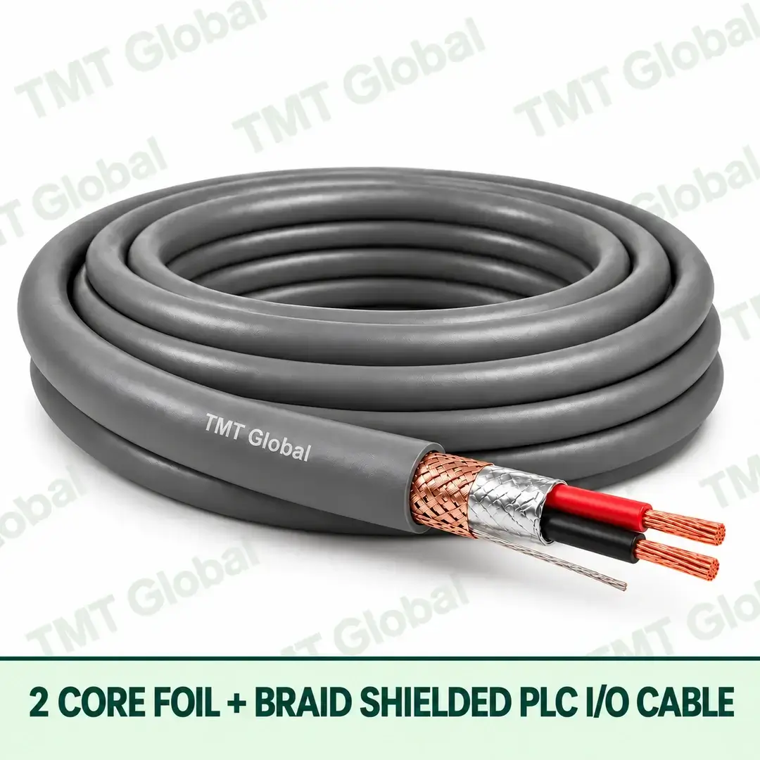 TMT Global 2 core foil + braid shielded PLC I/O cable, with 2 visible copper conductors. TMT Global 2 core foil + braid shielded PLC I/O cable, with 2 visible copper conductors.