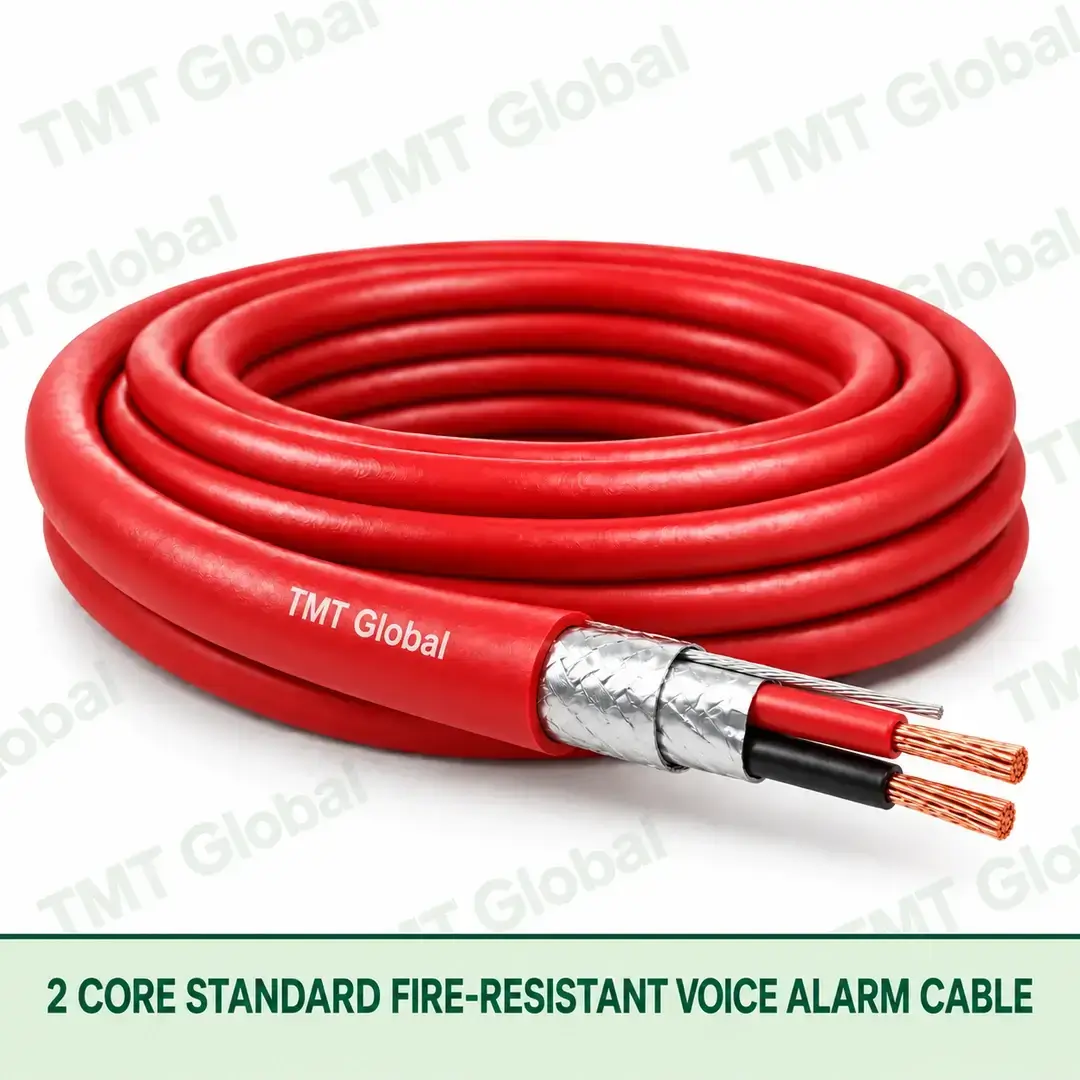 TMT Global 2 Core Standard Fire Resistant Voice Alarm Cable product image showing the cable coil and exposed conductor cutaway. TMT Global 2 Core Standard Fire Resistant Voice Alarm Cable product image showing the cable coil and exposed conductor cutaway.