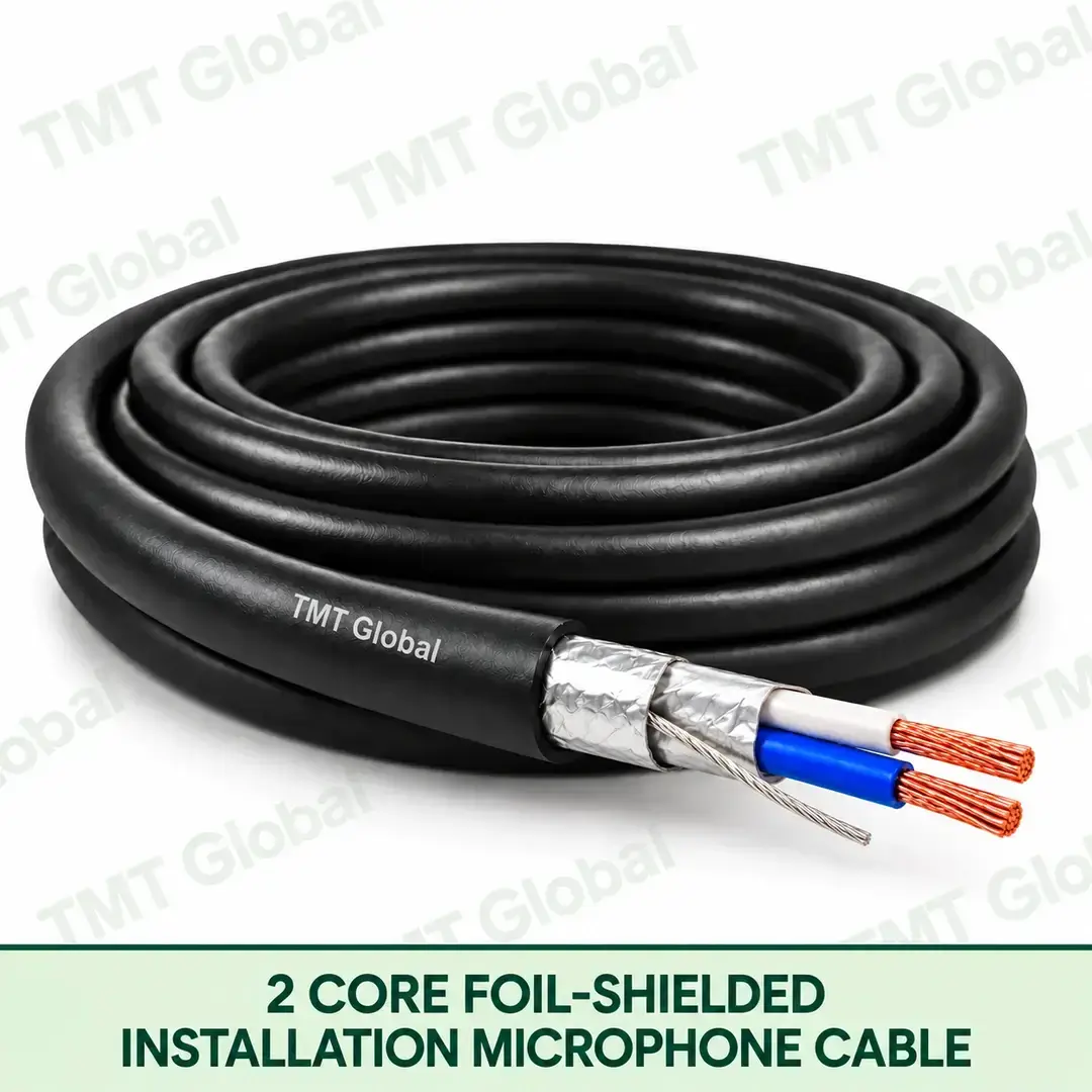 TMT Global 2 Core Foil Shielded Installation Microphone Cable product image showing the cable coil and exposed conductor cutaway. TMT Global 2 Core Foil Shielded Installation Microphone Cable product image showing the cable coil and exposed conductor cutaway.