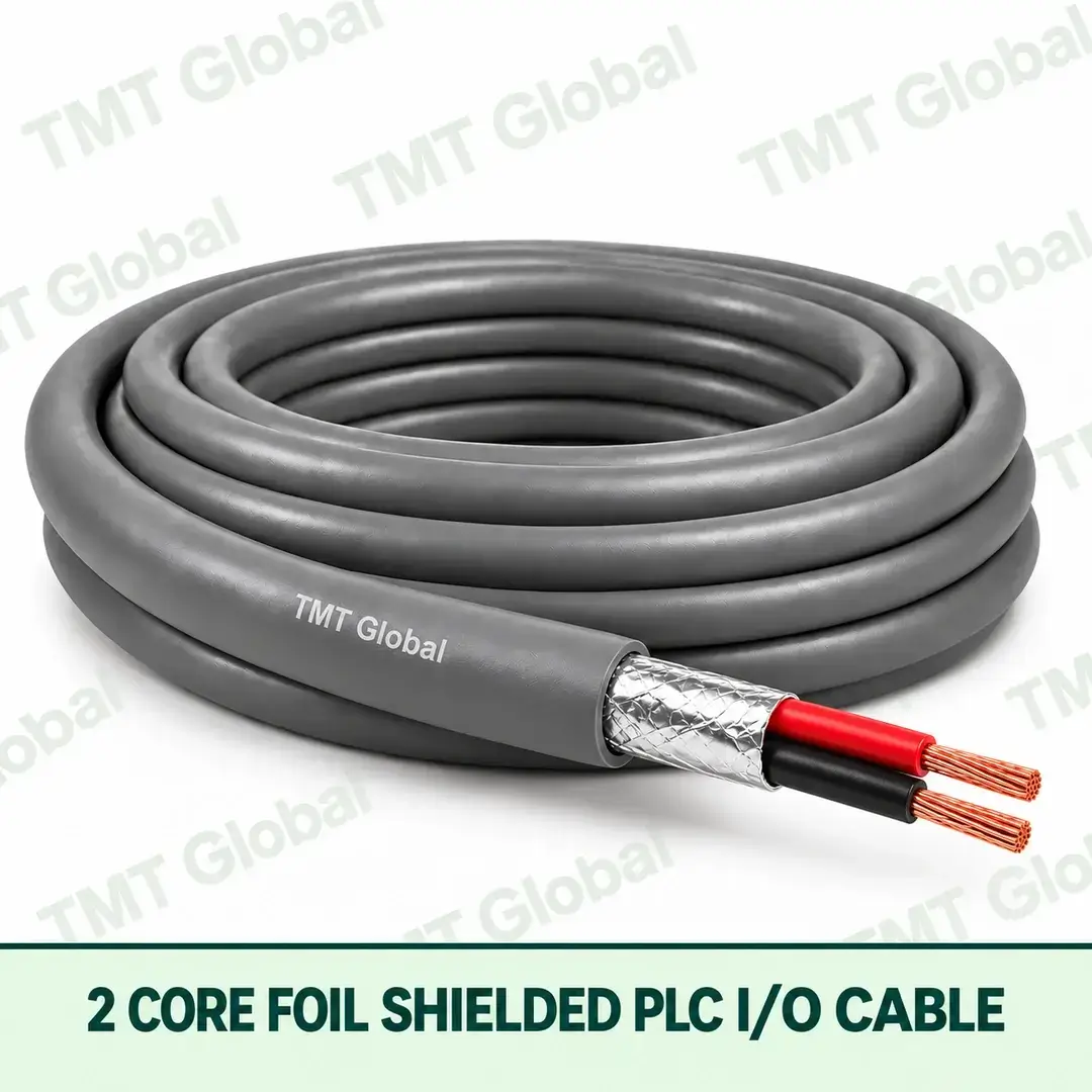 TMT Global 2 core foil shielded PLC I/O cable, with 2 visible copper conductors. TMT Global 2 core foil shielded PLC I/O cable, with 2 visible copper conductors.