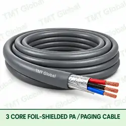 TMT Global 3 Core Foil Shielded PA Paging Cable product image showing the cable coil and exposed conductor cutaway.