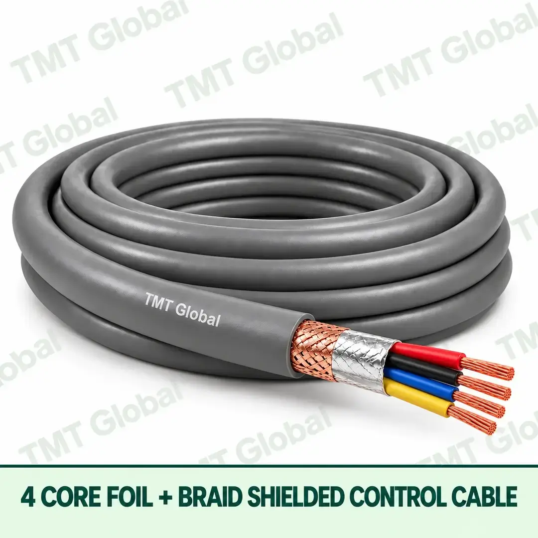 TMT Global 4 core Foil + Braid Shielded Control Cable, with 4 visible copper conductors; foil + braid shielded. TMT Global 4 core Foil + Braid Shielded Control Cable, with 4 visible copper conductors; foil + braid shielded.