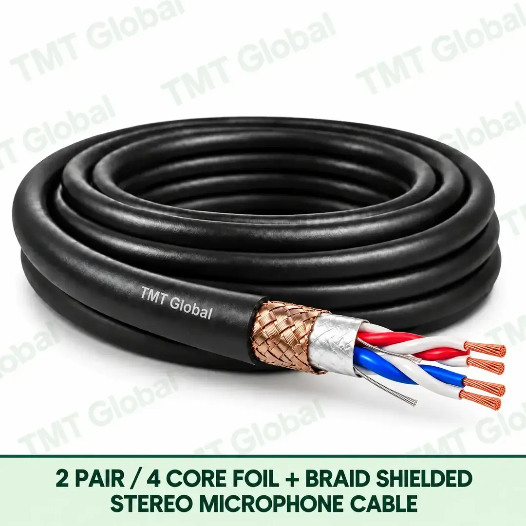 TMT Global 2 Pair 4 Core Foil plus Braid Shielded Stereo Microphone Cable product image showing the cable coil and exposed conductor cutaway. TMT Global 2 Pair 4 Core Foil plus Braid Shielded Stereo Microphone Cable product image showing the cable coil and exposed conductor cutaway.
