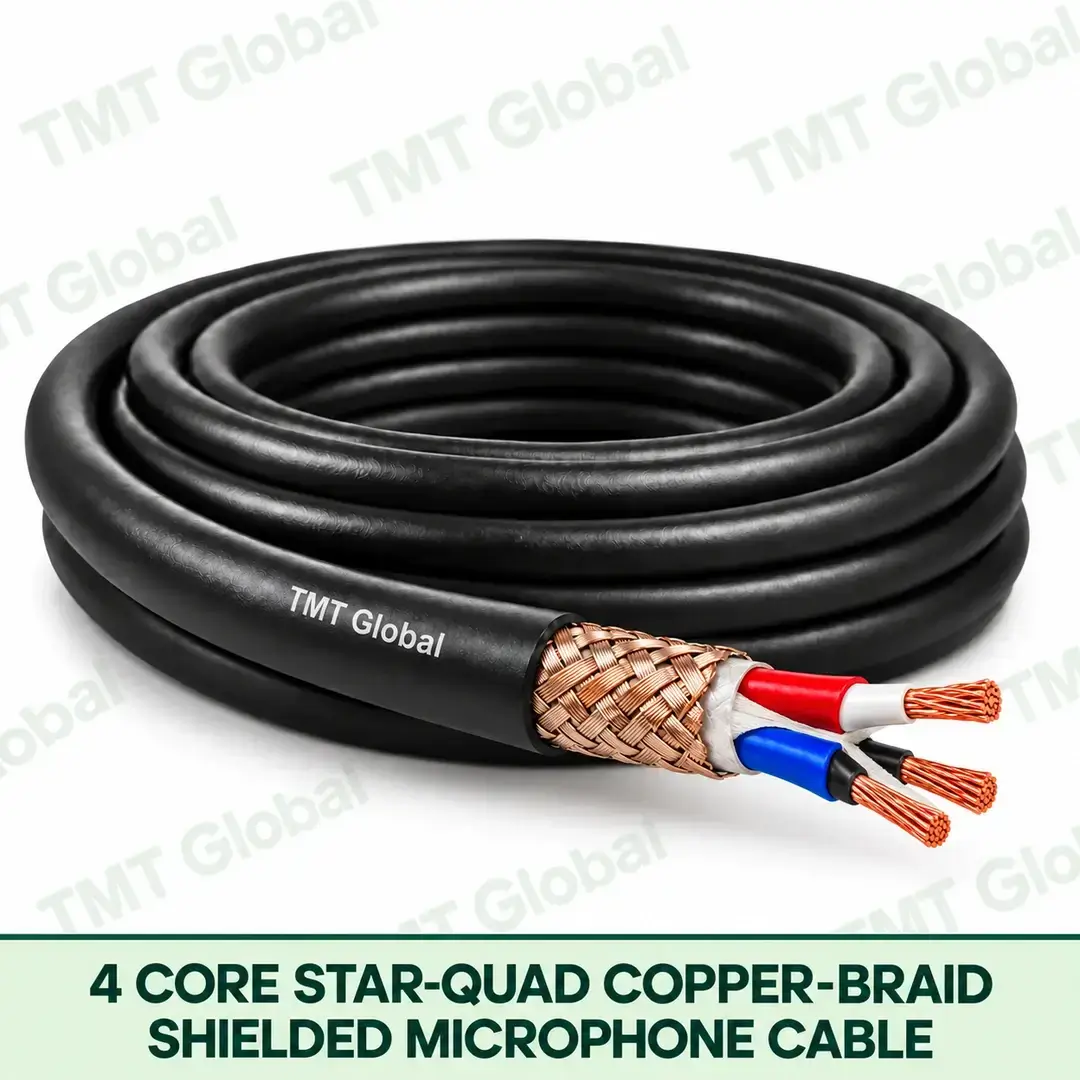 TMT Global 4 Core Star Quad Copper Braid Shielded Microphone Cable product image showing the cable coil and exposed conductor cutaway. TMT Global 4 Core Star Quad Copper Braid Shielded Microphone Cable product image showing the cable coil and exposed conductor cutaway.