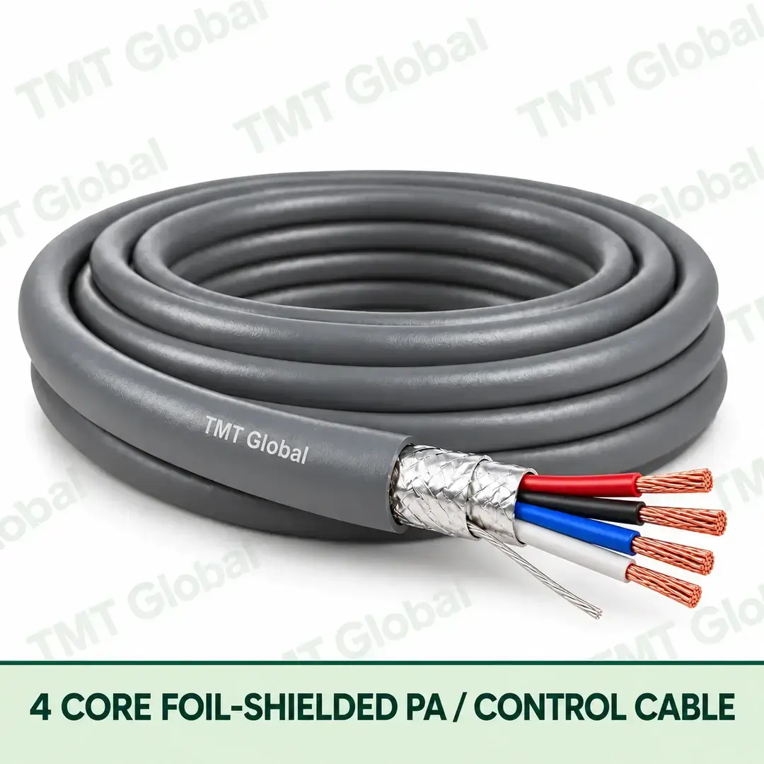 TMT Global 4 Core Foil Shielded PA Control Cable product image showing the cable coil and exposed conductor cutaway. TMT Global 4 Core Foil Shielded PA Control Cable product image showing the cable coil and exposed conductor cutaway.
