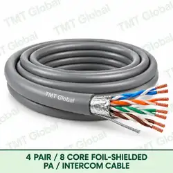 TMT Global 4 Pair 8 Core Foil Shielded PA Intercom Cable product image showing the cable coil and exposed conductor cutaway.