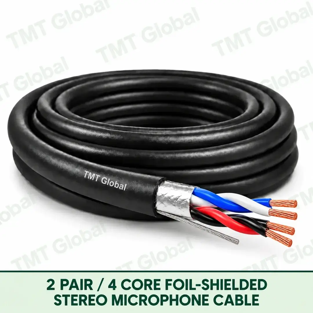 TMT Global 2 Pair 4 Core Foil Shielded Stereo Microphone Cable product image showing the cable coil and exposed conductor cutaway. TMT Global 2 Pair 4 Core Foil Shielded Stereo Microphone Cable product image showing the cable coil and exposed conductor cutaway.