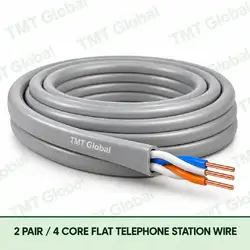 TMT Global 2 Pair 4 Core Flat Telephone Station Wire product image showing the flat cable coil and exposed conductor cutaway.