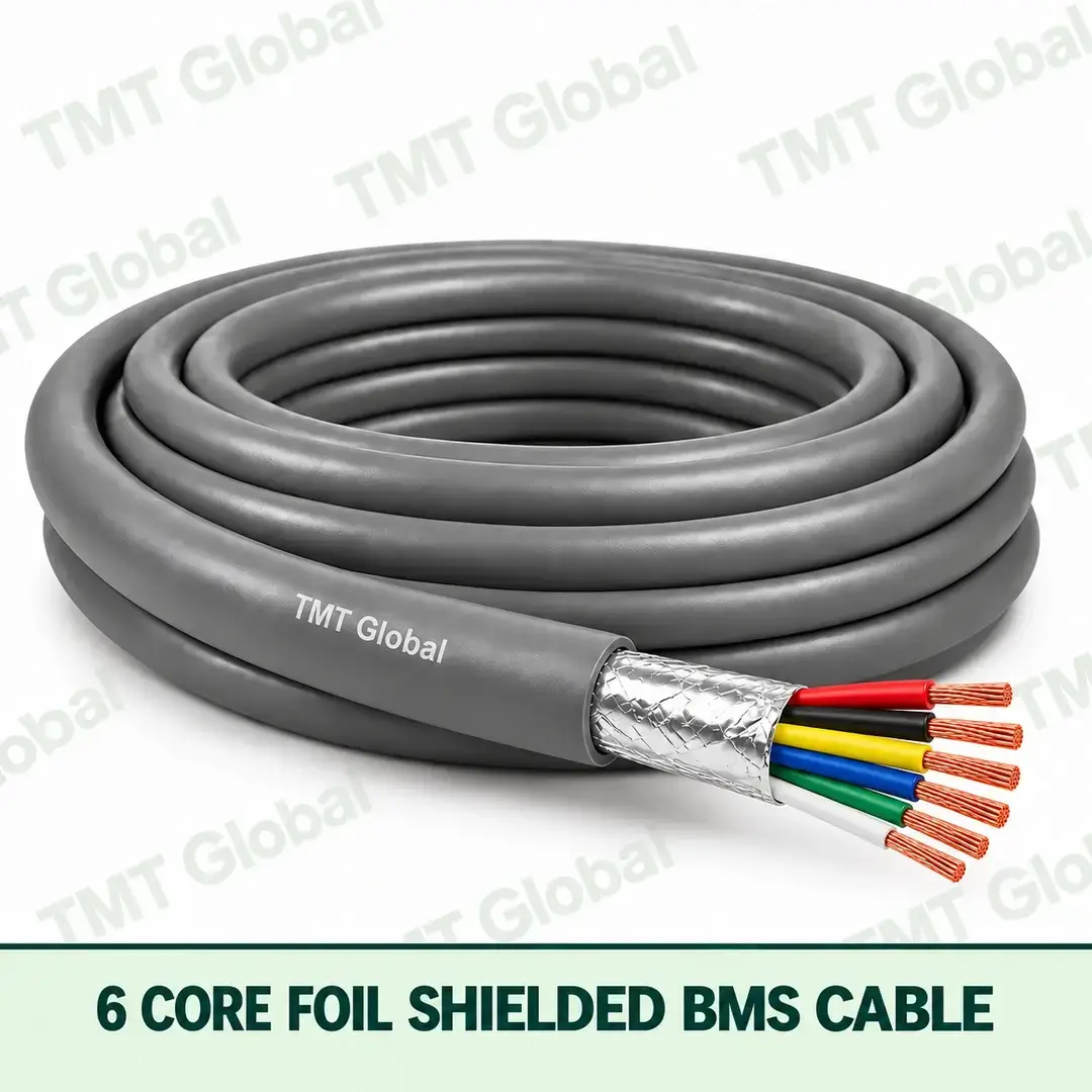TMT Global 6 Core Foil Shielded BMS Cable product cable with 6 clearly visible conductors; foil shielded. TMT Global 6 Core Foil Shielded BMS Cable product cable with 6 clearly visible conductors; foil shielded.