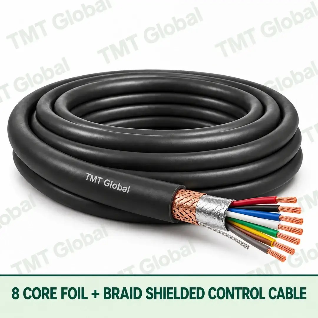 TMT Global 8 core Foil + Braid Shielded Control Cable, with 8 visible copper conductors; foil + braid shielded. TMT Global 8 core Foil + Braid Shielded Control Cable, with 8 visible copper conductors; foil + braid shielded.