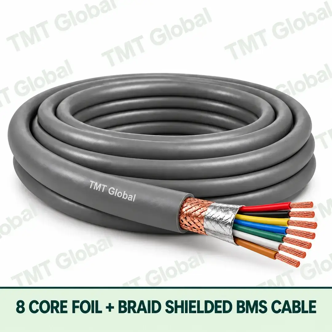 TMT Global 8 Core Foil And Braid Shielded BMS Cable product cable with 8 clearly visible conductors; foil and braid shielded. TMT Global 8 Core Foil And Braid Shielded BMS Cable product cable with 8 clearly visible conductors; foil and braid shielded.