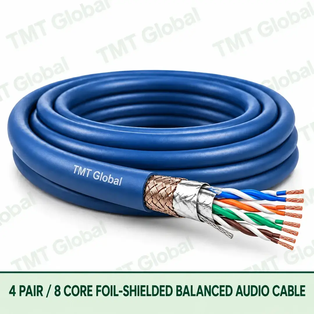 TMT Global 4 Pair 8 Core Foil Shielded Balanced Audio Cable product image showing the cable coil and exposed conductor cutaway. TMT Global 4 Pair 8 Core Foil Shielded Balanced Audio Cable product image showing the cable coil and exposed conductor cutaway.