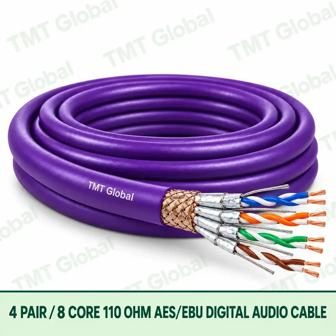 TMT Global 4 Pair 8 Core AES EBU Digital Audio Cable product image showing the cable coil and exposed conductor cutaway. TMT Global 4 Pair 8 Core AES EBU Digital Audio Cable product image showing the cable coil and exposed conductor cutaway.