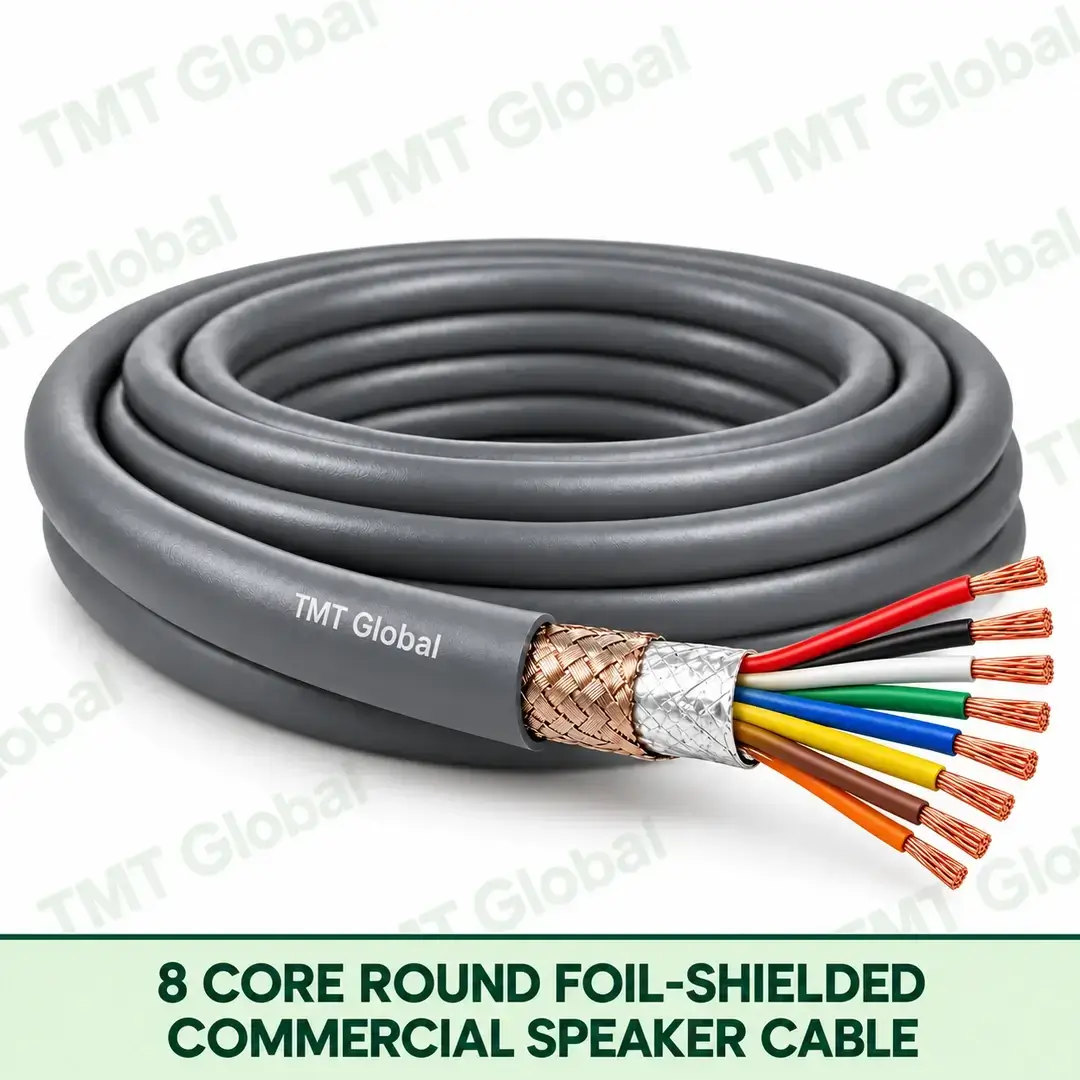 TMT Global 8 Core Round Foil Shielded Commercial Speaker Cable product image showing the cable coil and exposed conductors. TMT Global 8 Core Round Foil Shielded Commercial Speaker Cable product image showing the cable coil and exposed conductors.