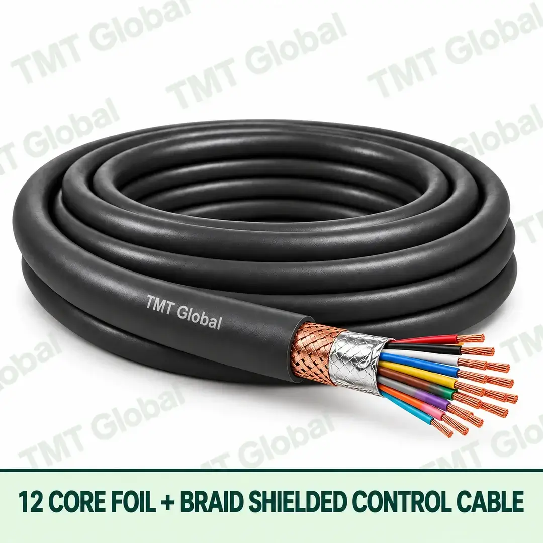 TMT Global 12 core Foil + Braid Shielded Control Cable, with 12 visible copper conductors; foil + braid shielded. TMT Global 12 core Foil + Braid Shielded Control Cable, with 12 visible copper conductors; foil + braid shielded.