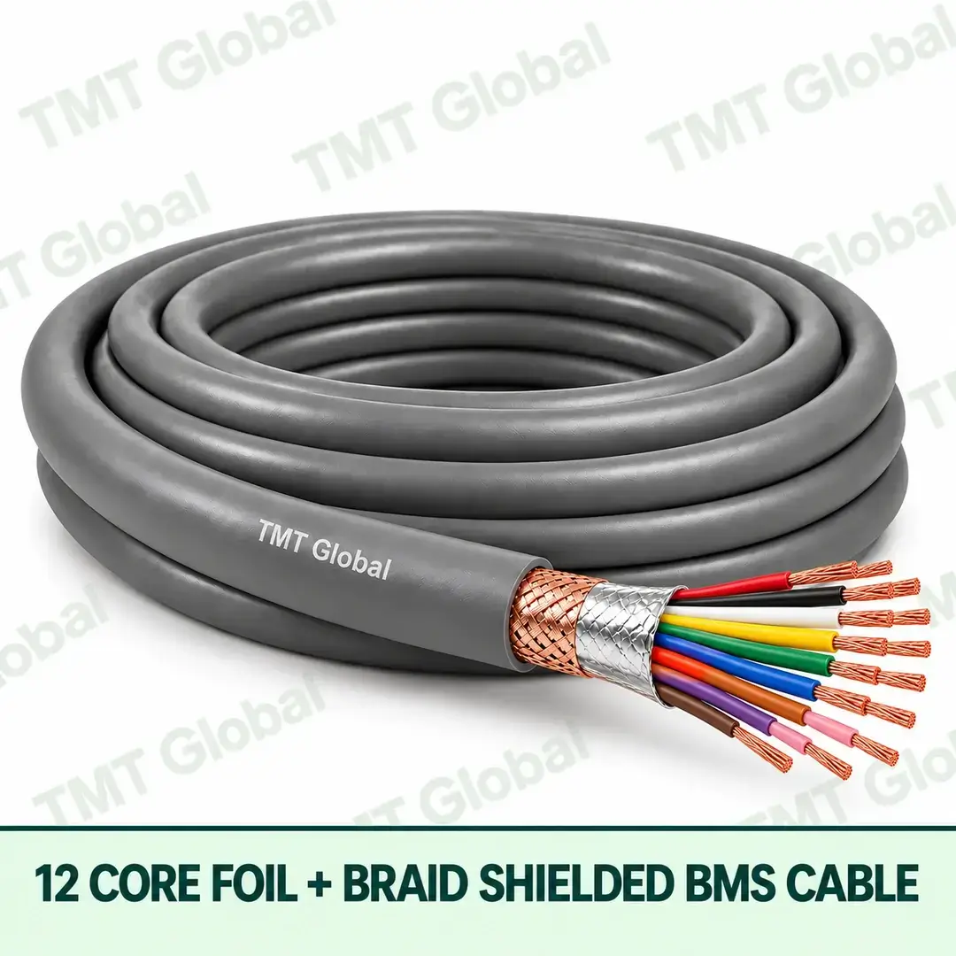 TMT Global 12 Core Foil And Braid Shielded BMS Cable product cable with 12 clearly visible conductors; foil and braid shielded. TMT Global 12 Core Foil And Braid Shielded BMS Cable product cable with 12 clearly visible conductors; foil and braid shielded.