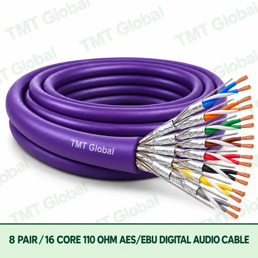 TMT Global 8 Pair 16 Core AES EBU Digital Audio Cable product image showing the cable coil and exposed conductor cutaway. TMT Global 8 Pair 16 Core AES EBU Digital Audio Cable product image showing the cable coil and exposed conductor cutaway.