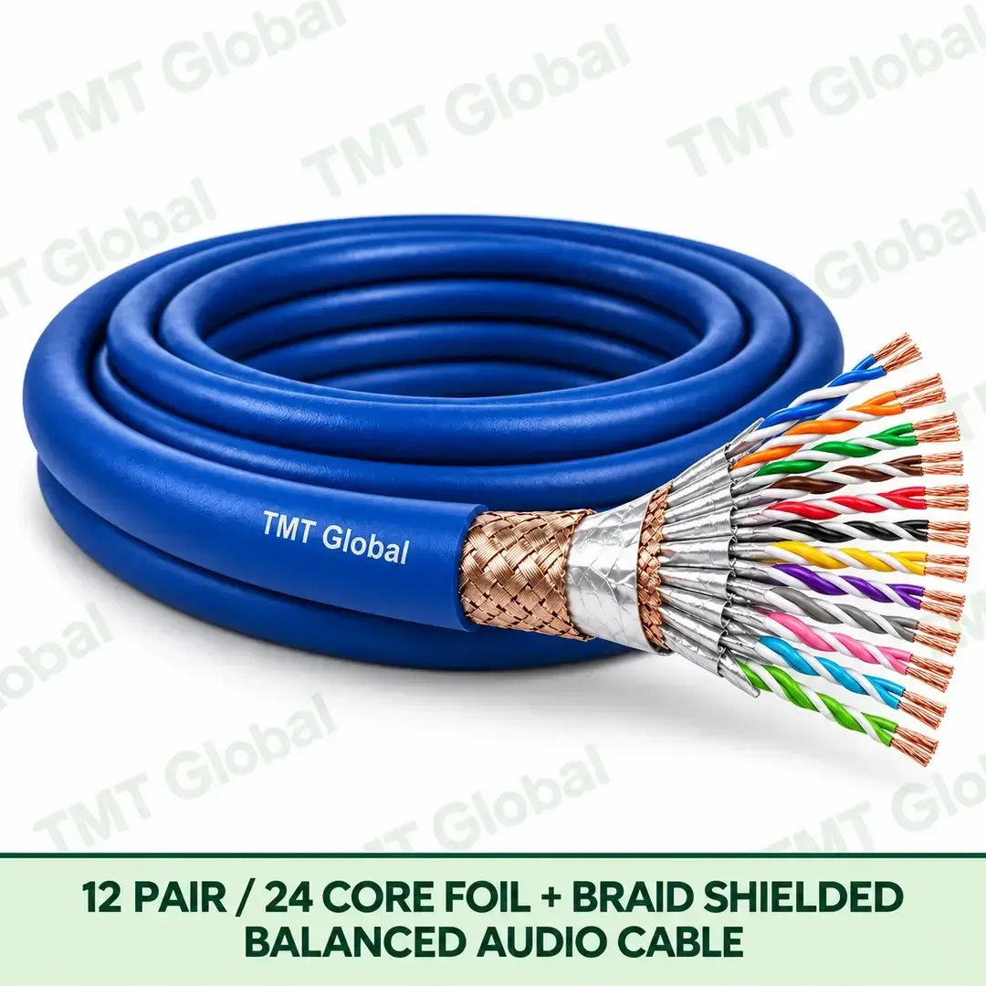 TMT Global 12 Pair 24 Core Foil plus Braid Shielded Balanced Audio Cable product image showing the cable coil and exposed conductor cutaway. TMT Global 12 Pair 24 Core Foil plus Braid Shielded Balanced Audio Cable product image showing the cable coil and exposed conductor cutaway.