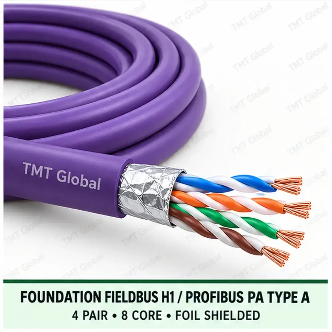 TMT Global 4 pair, 8 core, foil shielded FOUNDATION Fieldbus H1 / PROFIBUS PA Type A Bus Cable, with the protocol, pair count, core count, and shielding visible. TMT Global 4 pair, 8 core, foil shielded FOUNDATION Fieldbus H1 / PROFIBUS PA Type A Bus Cable, with the protocol, pair count, core count, and shielding visible.