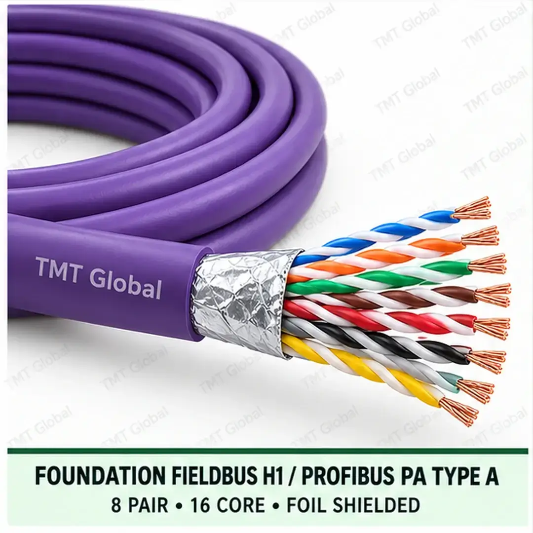 TMT Global 8 pair, 16 core, foil shielded FOUNDATION Fieldbus H1 / PROFIBUS PA Type A Bus Cable, with the protocol, pair count, core count, and shielding visible. TMT Global 8 pair, 16 core, foil shielded FOUNDATION Fieldbus H1 / PROFIBUS PA Type A Bus Cable, with the protocol, pair count, core count, and shielding visible.