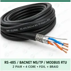 TMT Global 2 pair, 4 core, foil and braid shielded RS-485 / BACnet MS/TP / Modbus RTU Bus Cable, with the protocol, pair count, core count, and shielding visible.